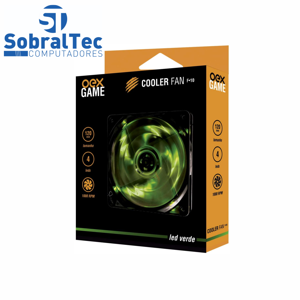 Cooler Fan 12Cm Com 4 Leds 12V 9 Lâminas 1000Rpm Verde Oex Game F10