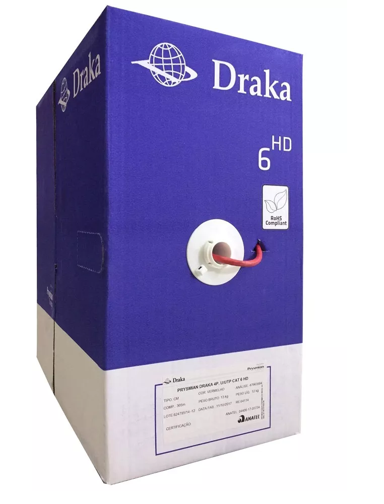 Cabo Rede Giga Cat6 Caixa 305m Vermelho Draka Prysmian Homologado Anatel