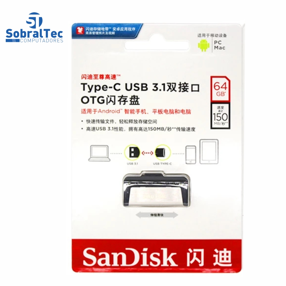 Pen Drive 32Gb Dual Drive Tipo-C  e USB 3.1  SanDisk