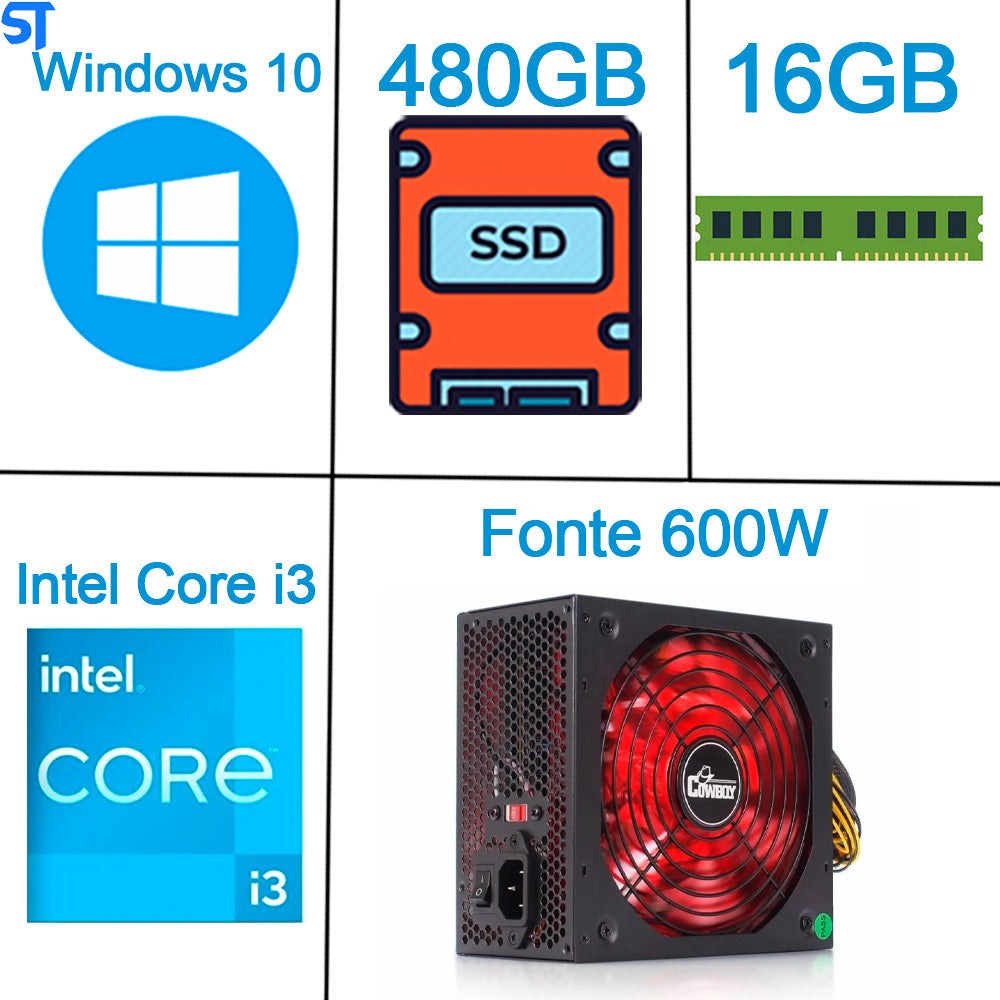 Computador Gamer Core i3-10100-Décima Geração- Memória 16Gb DDR4- SSD 480GB-Placa de Video 4GB GeForce GTX1050Ti -Gab-Bg