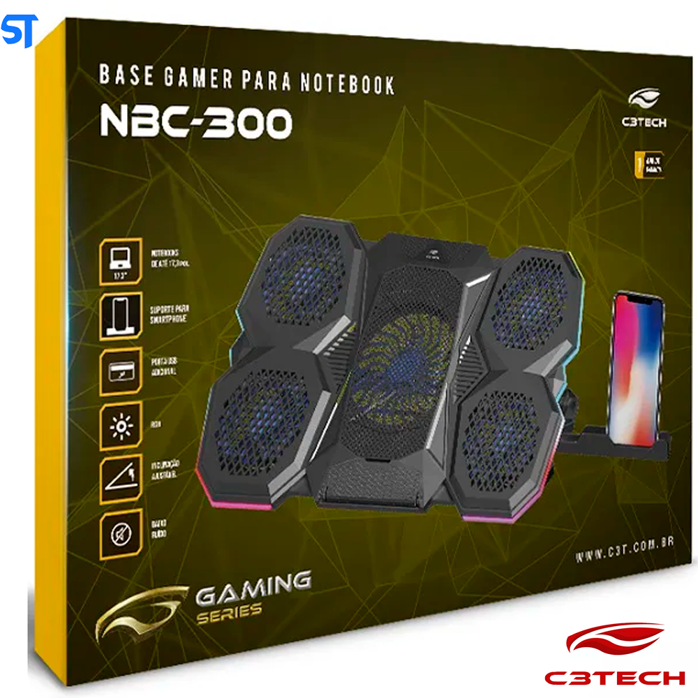 Suporte Base Para Notebook 17,3 Polegadas Gamer NBC-300BK C3Tech Com Suporte para Celular