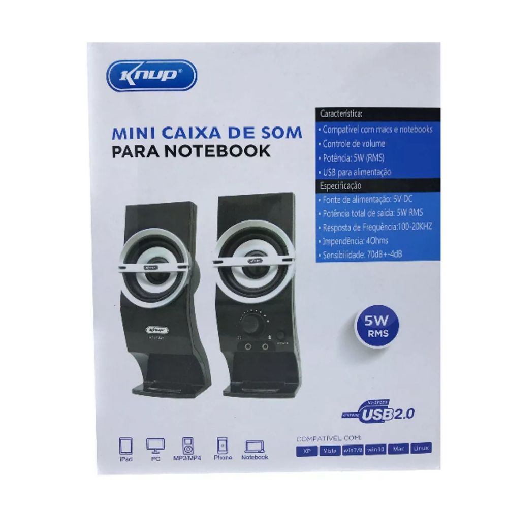 Caixa De Som Para Notebook Pc P2 12W 40Ohms Usb 2.0 Knup KP-7024