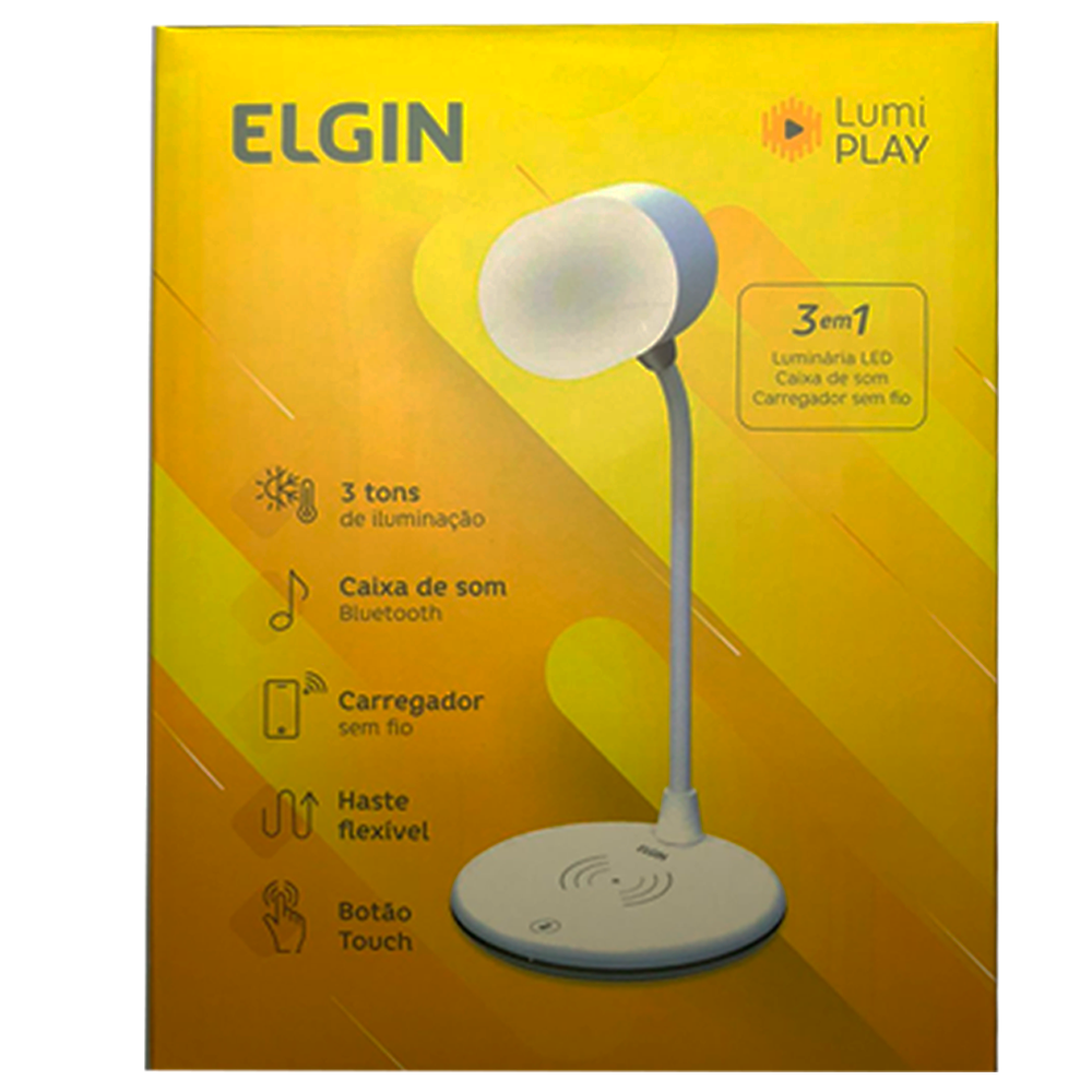 Luminária de Mesa Lumi Play LED Elgin 3 em 1 Luminaria Caixa Som e Carregador Sem Fio - Elgin - Branco