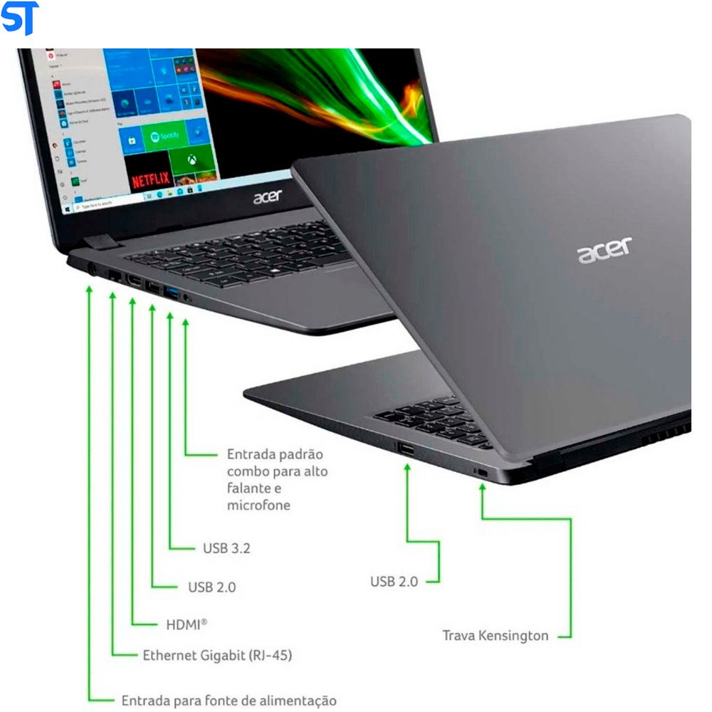 Notebook Acer Aspire 3 A315-56-356Y Intel Core i3 10ª Gen 4GB 256GB SSD 15,6' FHD Windows 10 Home