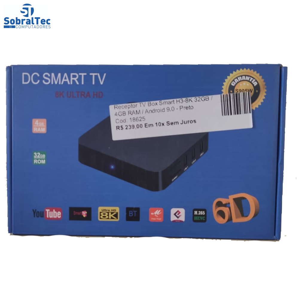 Receptor TV Box Smart H3-8K 32GB / 4GB RAM / Android 9.0 - Preto