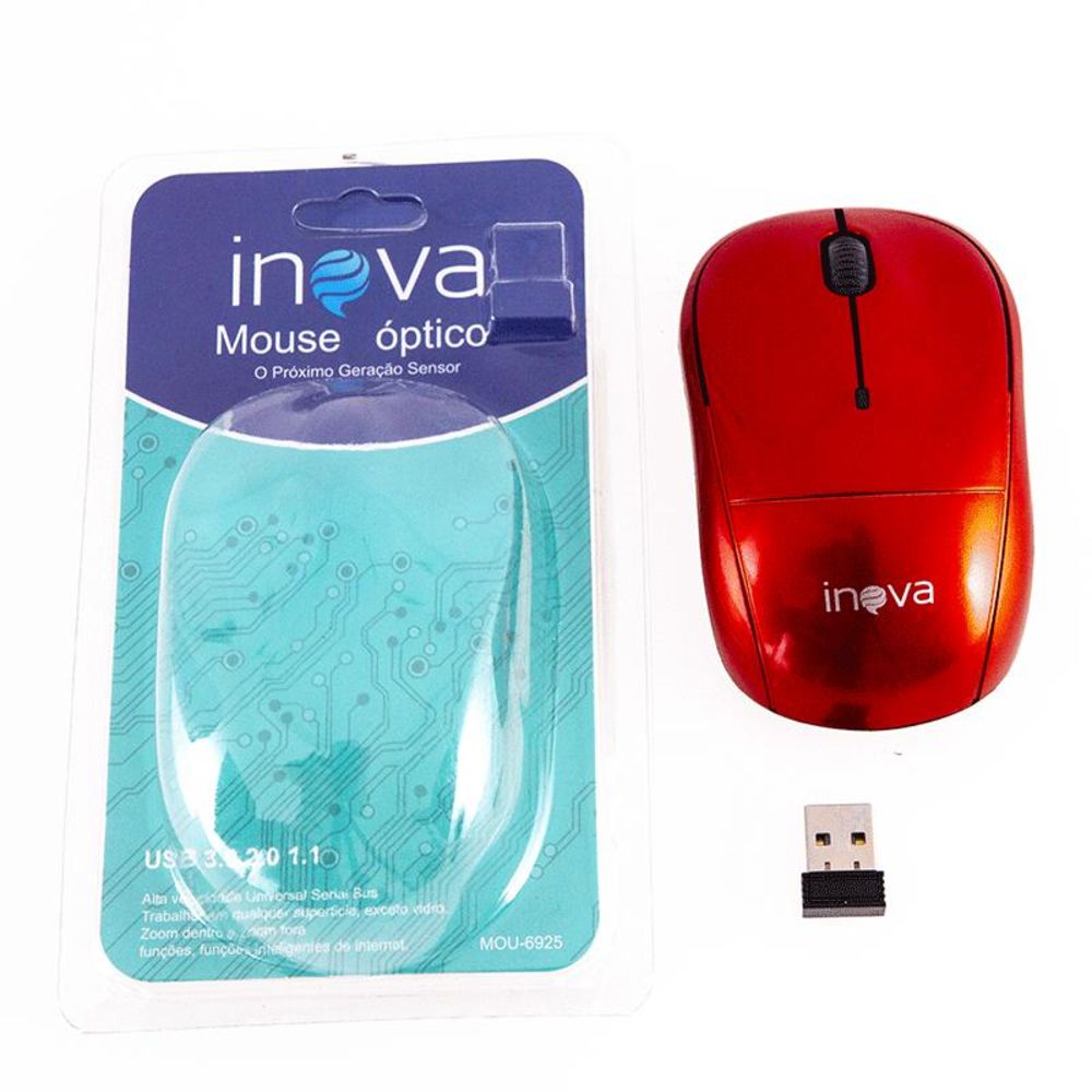 Mouse Óptico Sem Fio Wireless Usb Inova Mou-6925- Vermelho