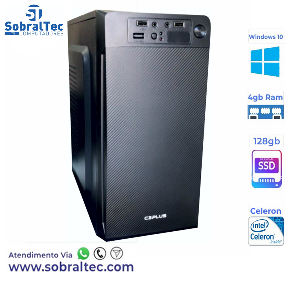 Computador Celeron Dual Core 2,6Ghz -HD SSD 128GB - Memória Ram 4GB- Micro- ATX MT-11BK C3Plus- Windows 10