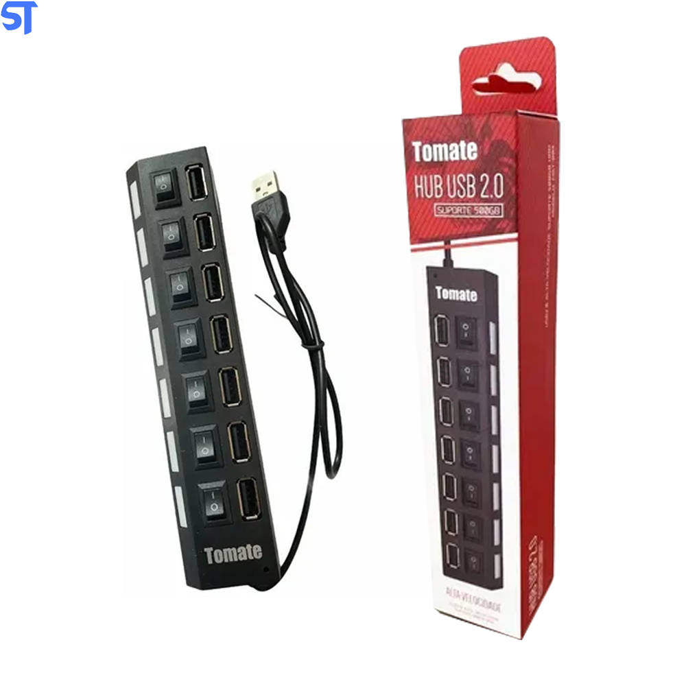 Hub Usb 2.0 Com 7 Portas Com LED e Interruptor Alta Velocidade Tomate