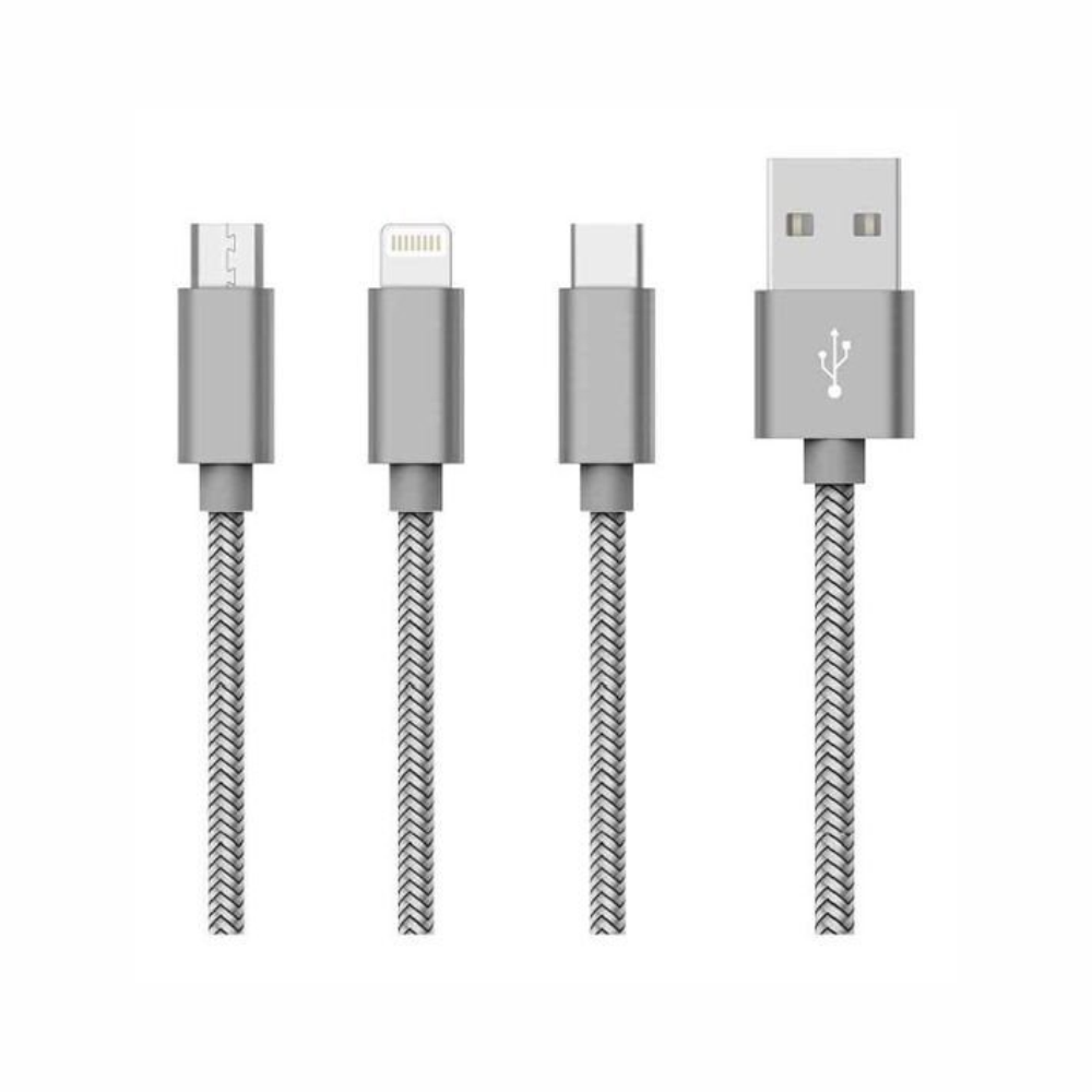 Cabo Usb 3 Em 1 Pmcell Cromo Cb-32 Entrada Micro-Usb, Lightning E Tipo C