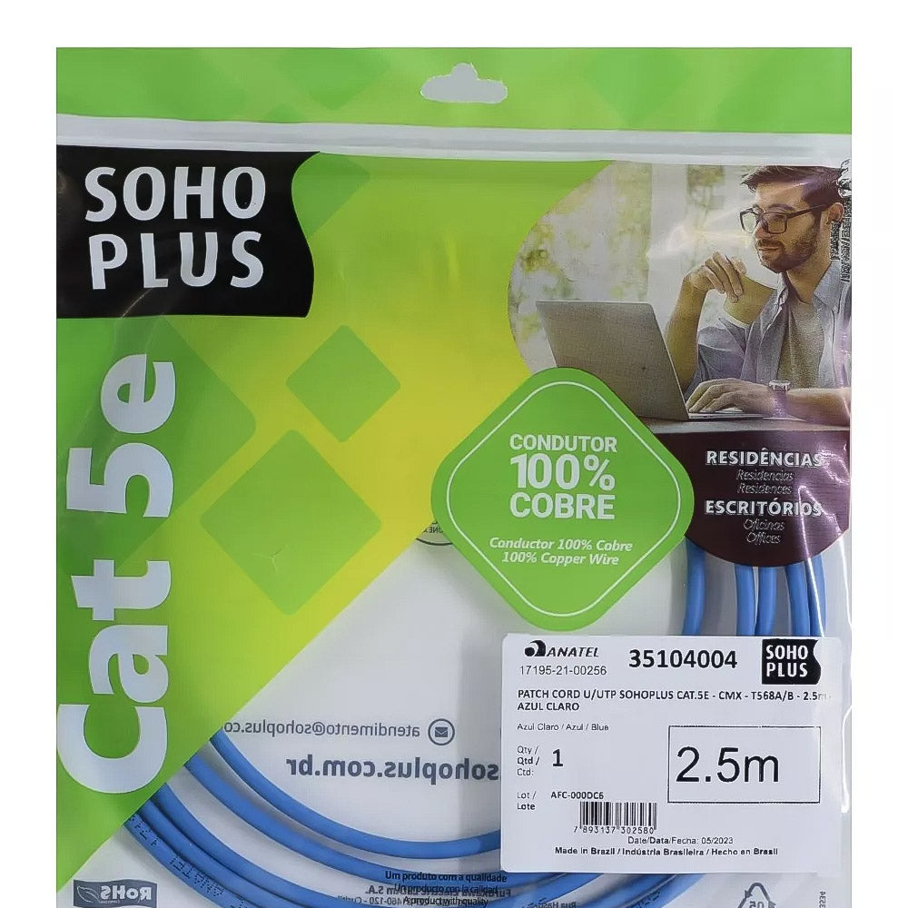 Cabo de Rede CAT.5e 2.5Metro U/UTP SohoPlus  T568A/B  Azul Claro 35104004