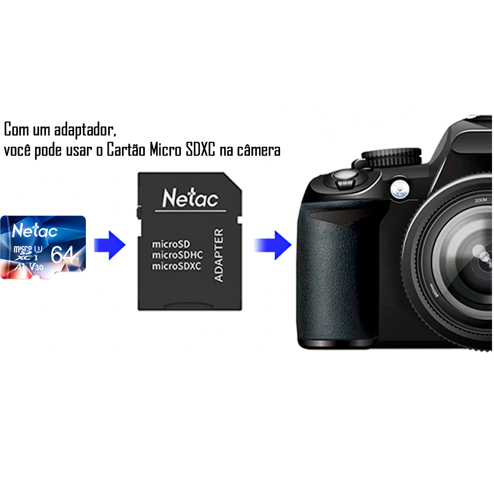 Cartão Micro SDXC 64Gb Classe 10 U3 A1- V30- 100Mb/s De Leitura Com Adaptador Netac