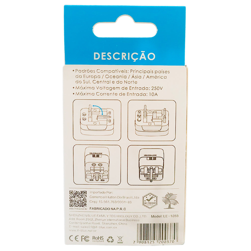 Adaptador de Tomada Universal Internacional All-in-one 250V 10 A Modelo LE-1055 - IT-Blue