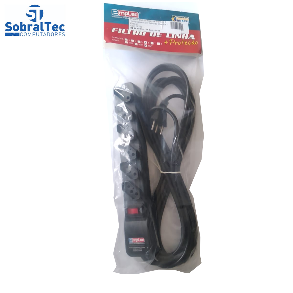 Protetor Eletrico Rearme Premium 6 Tomadas Com Cabo de 5 Metros -Emplac