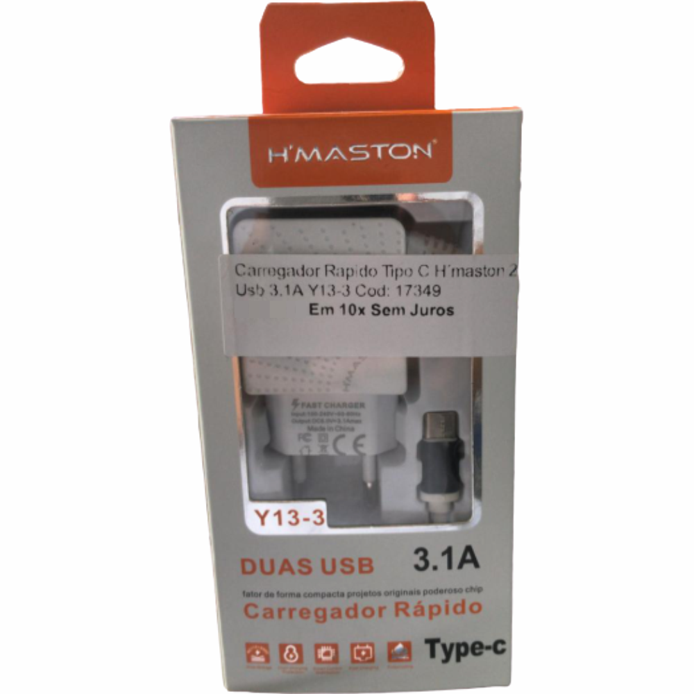 Carregador Rapido Tipo C  H´maston 2 Usb 3.1A Y13-3