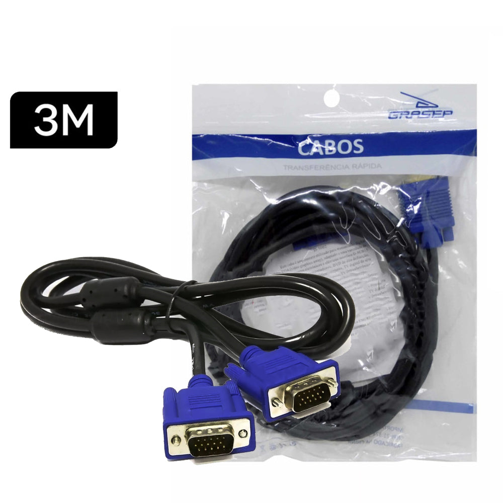 Cabo de Vídeo VGA x VGA com 3 Metros GRASEP - D-5002 3M