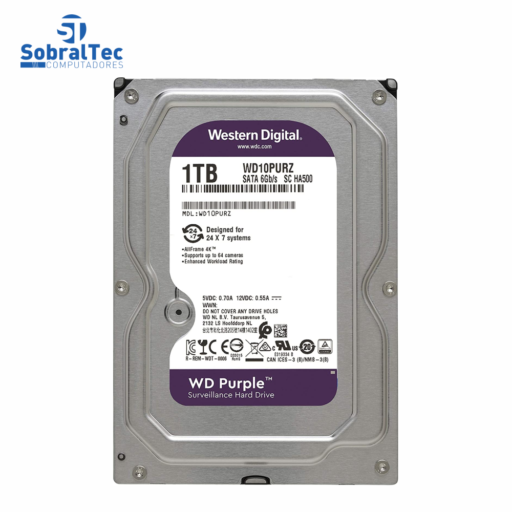 HD Interno Western Digital 1TB 3.5 SATA 6Gb/s 5400RPM WD Purple Para DVR WD10PURZ