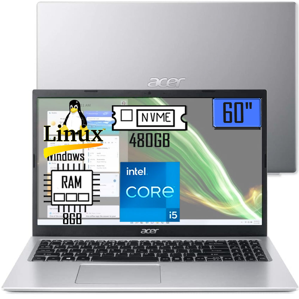 Notebook Acer Aspire A315-58-573P, Core i5 1135G7, 8GB, 480GB SDD M.2 NVME, (Intel Iris X Graphics) Linux 15,6” LED FHD