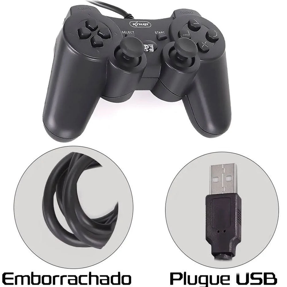 Controle Joystick Com Fio Para Ps3 e Computador Knup Kp- 4123A+ Preto