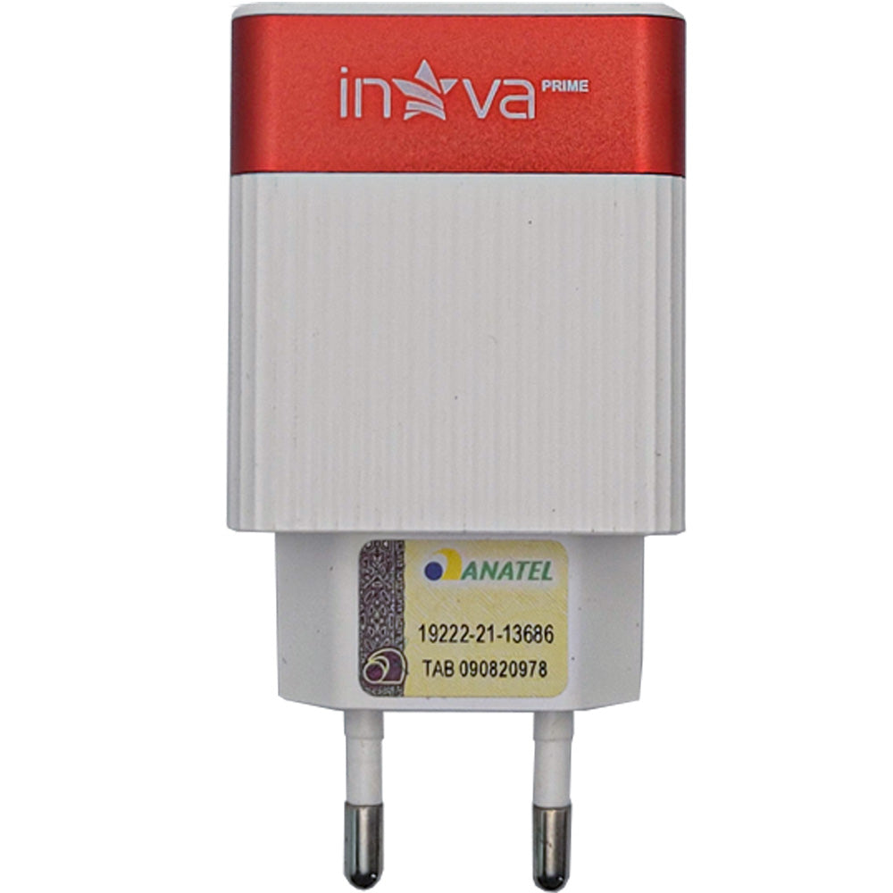 Fonte Carregador Rápido Com 2 Portas USB A 3.1A Inova Branco Com Vermelho - KV-5247