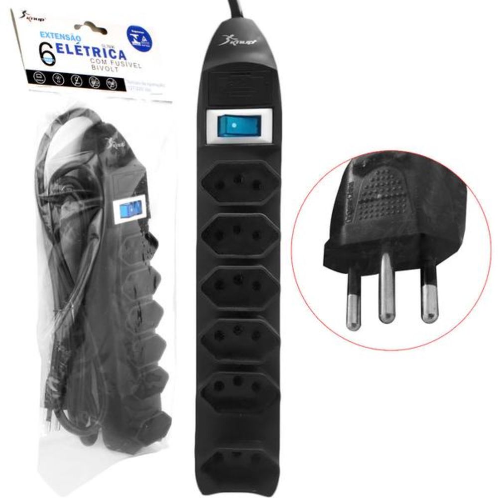 Extensão Elétrica Com Fusível de 6 Tomadas 1,5 metro Knup SL7606 Preto
