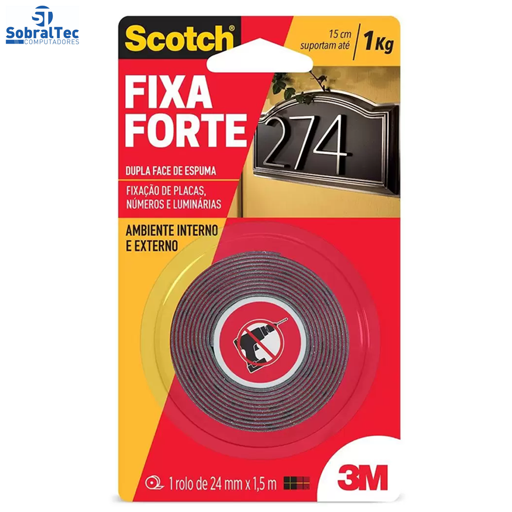 Fita Dupla Face 3M Scotch Fixa Forte Espuma Uso Interno e Externo 24 mm x 1,5 m Preta