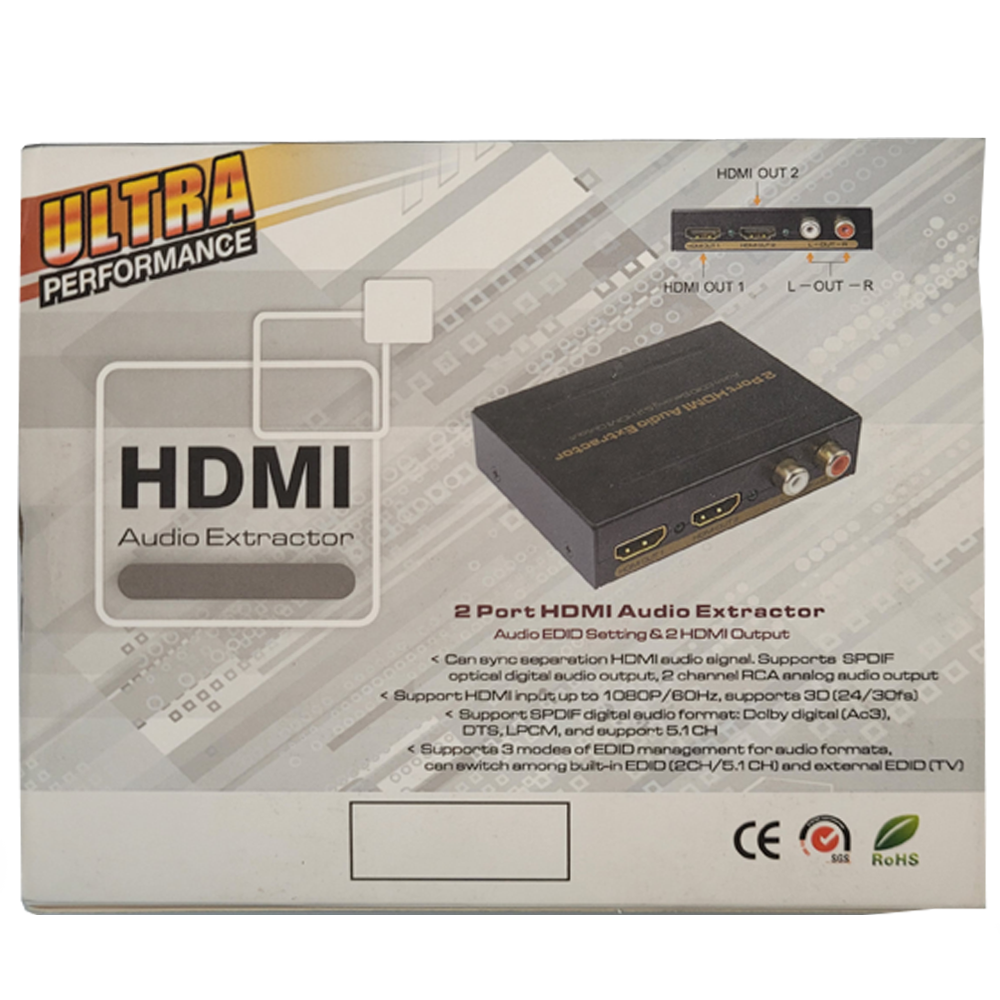 Extrator de Audio Hdmi Spdif 2c/5.1ch Com Splitter 1x2 Com Duas Portas
