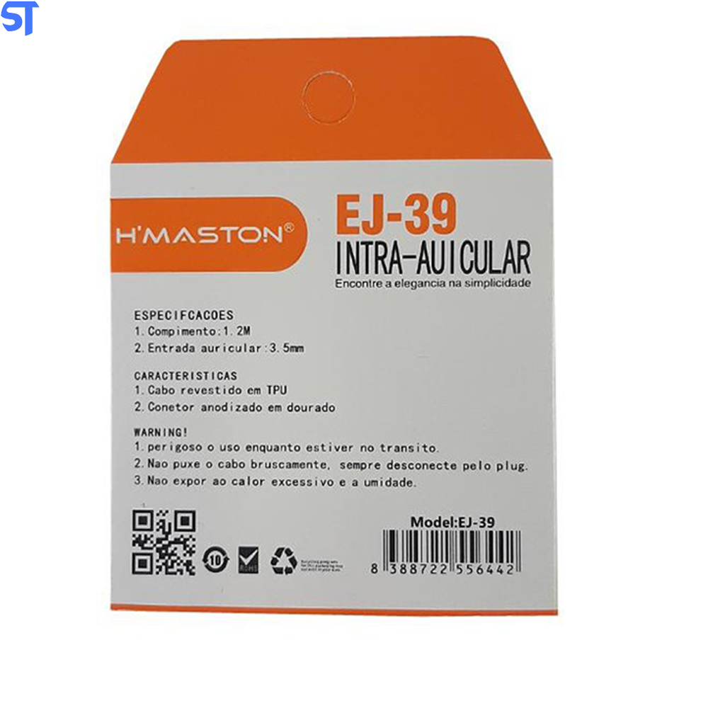Fone de Ouvido EJ-39 Intra-Auricular H´Maston-  Preto