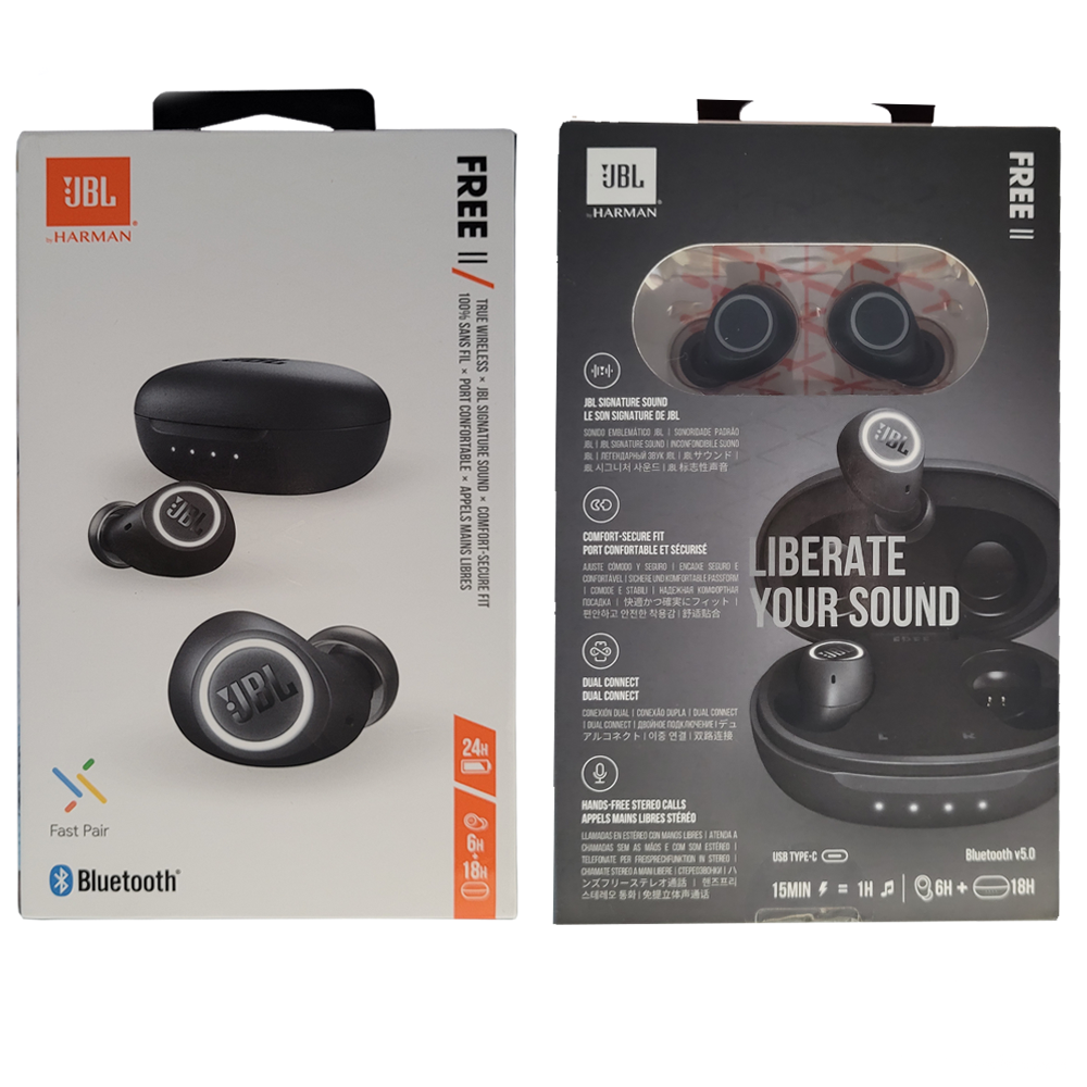 Fone de Ouvido Sem Fio JBL In Ear True Wireless Free II TWS, Bluetooth 5.0, Fast Pair, à Prova de Respingos, Preto