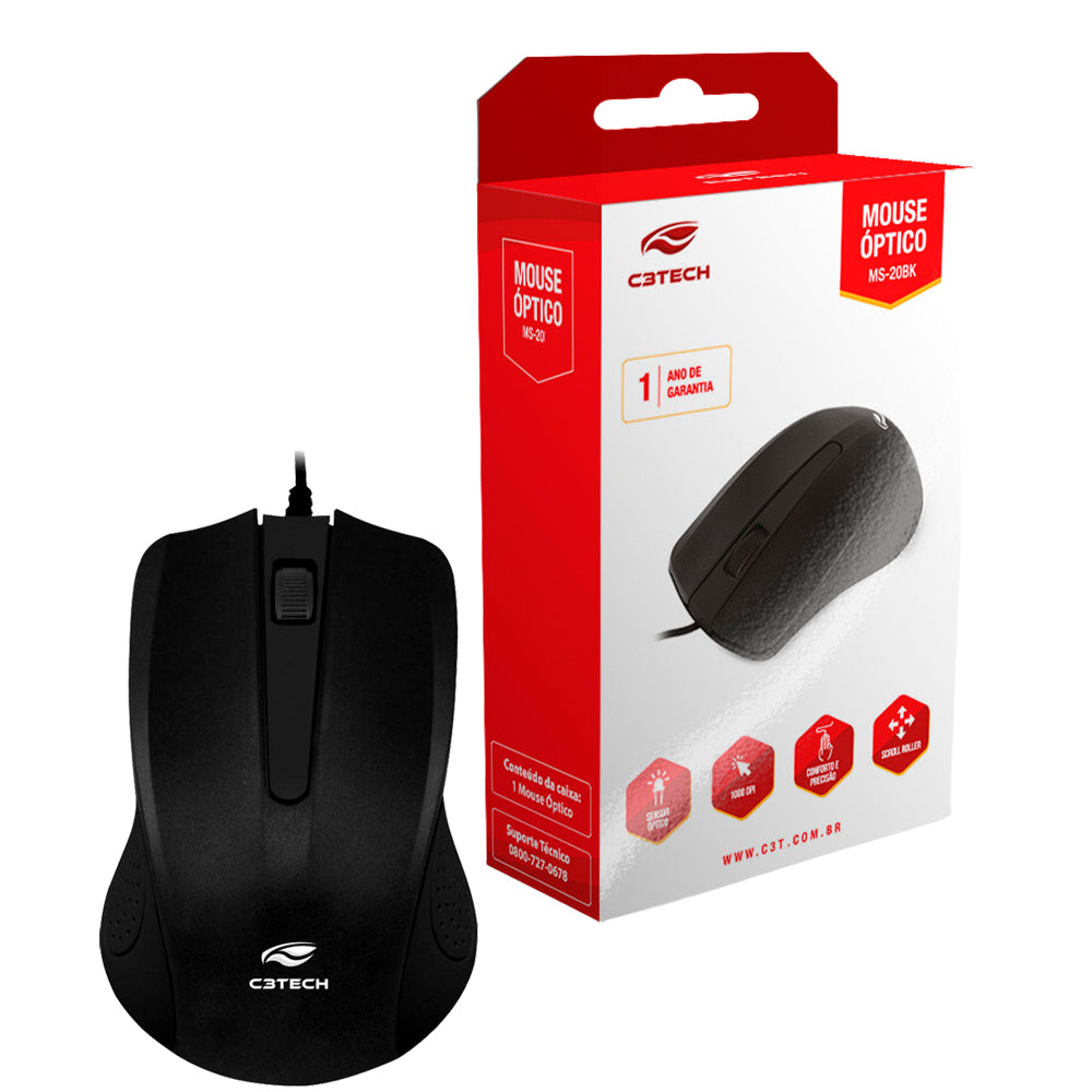 Mouse USB Ambidestro C3Tech Preto -MS-20BK