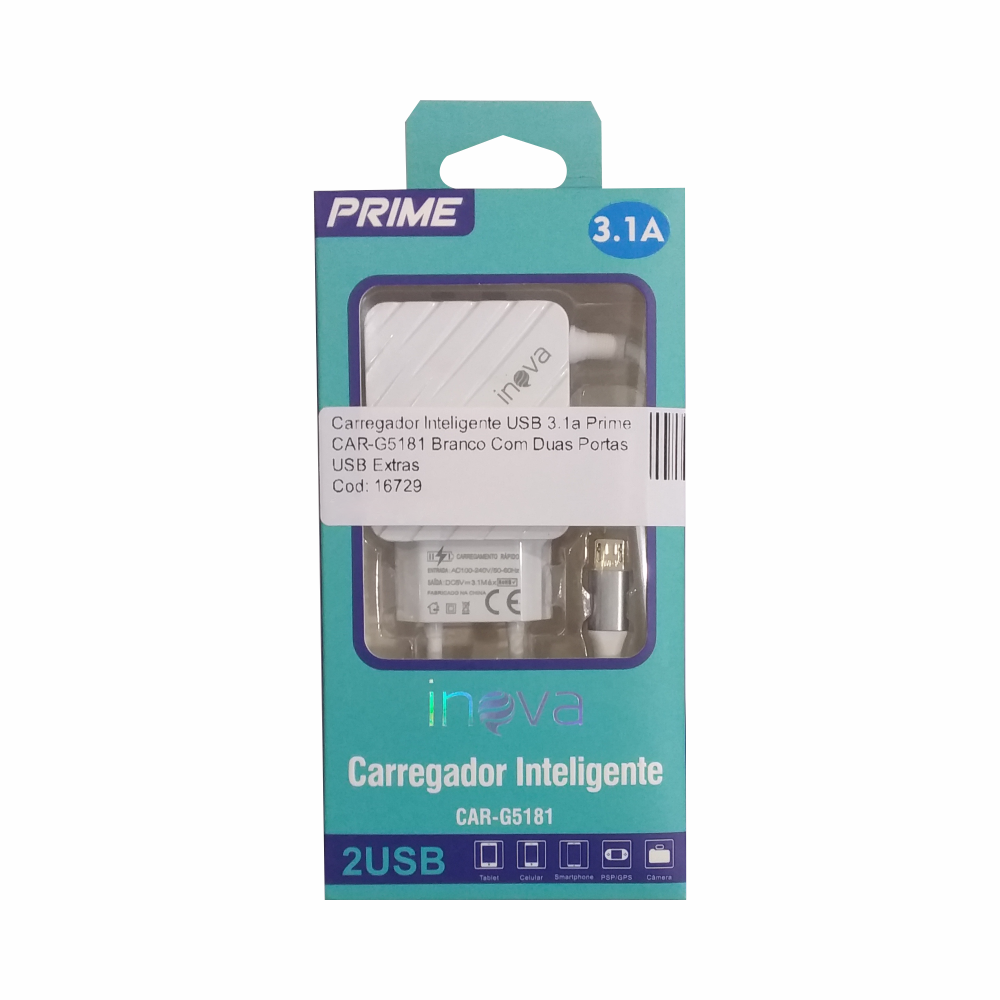 Carregador Inteligente USB 3.1a Prime CAR-G5181 Branco Com Duas Portas USB Extras