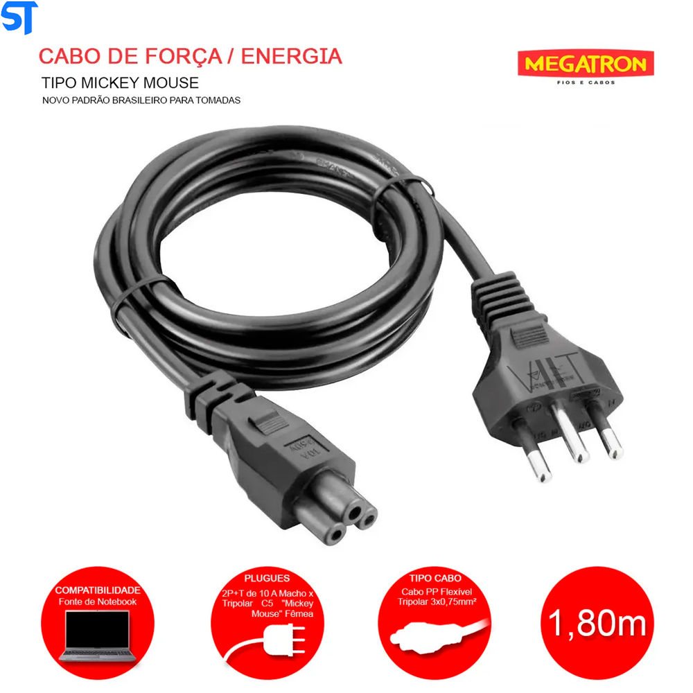 Cabo de Força Tripolar Para Fonte de Notebook Mickey Mouse 2P+T 0,75MM2 1.80M MEGATRON