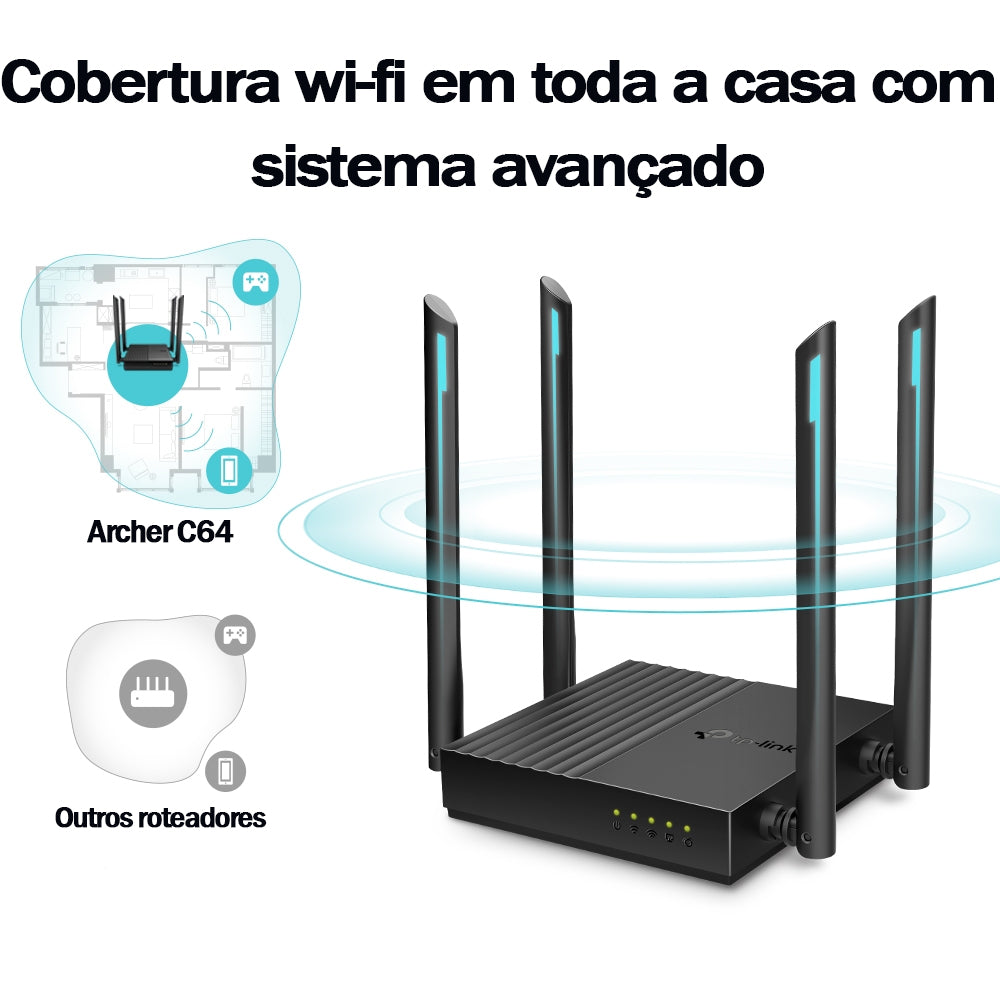 Roteador Wireless TP-Link Archer C64, Padrão Ethernet AC, 1267 MBPS, Bandas duplas 2.4 GHz e 5 GHz, 4 Antenas