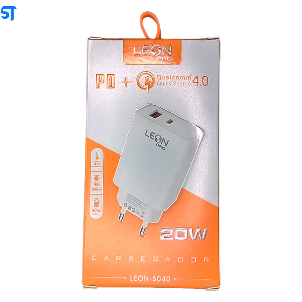 Fonte Carregador Rápido Com 1 Portas USB 3.0 e 1 Porta USB Tipo-C 3.1A Leon Pro Branco - 5040