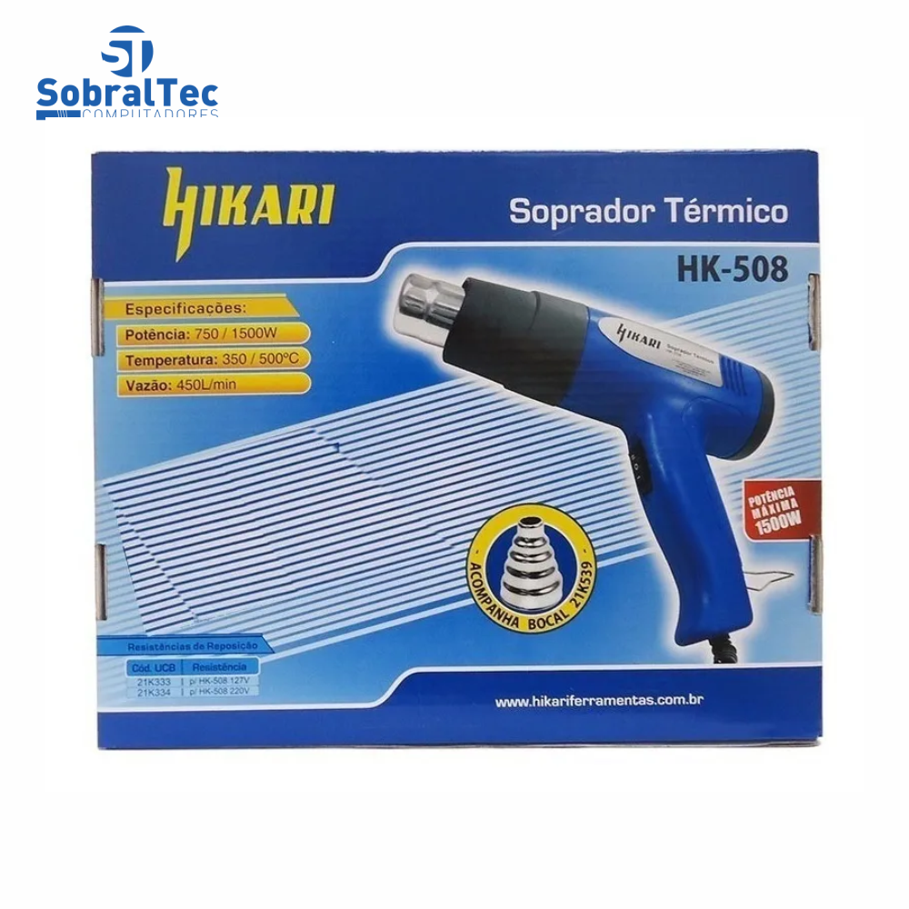 Pistola de Sopro Térmico Hikari 220V 750W a 1500W Potencia Temperatura Ajustável HK-508