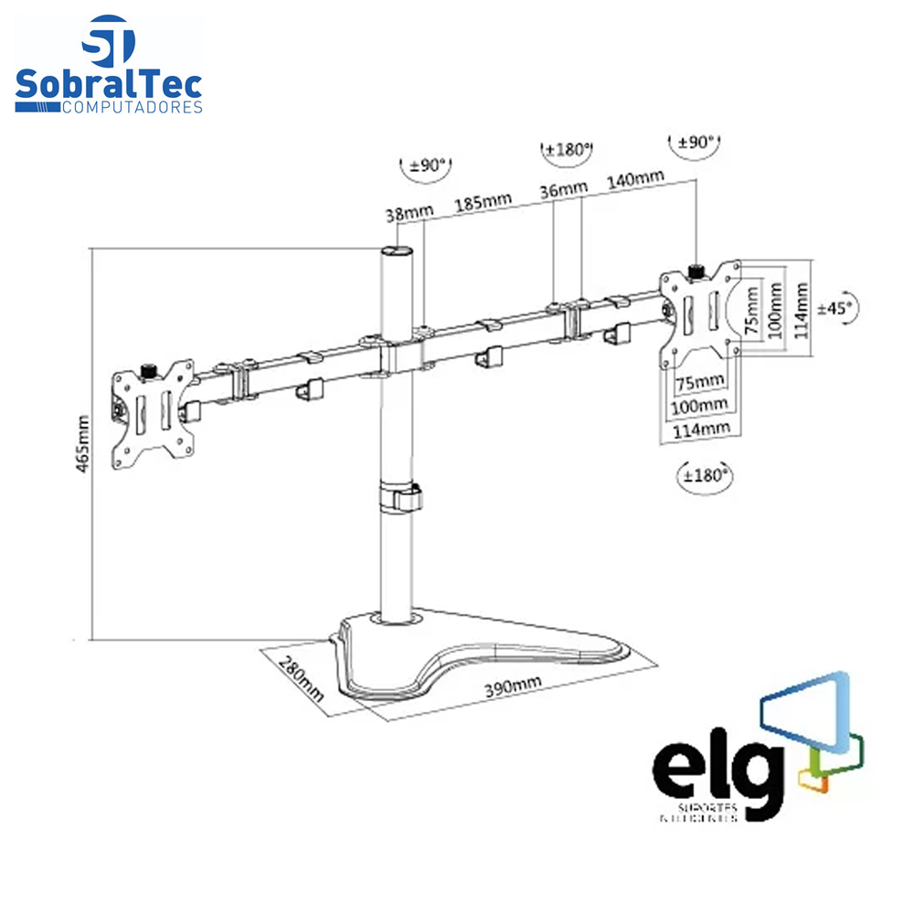 Suporte Articulado Mesa 2 Monitores 15 a 32 Ajuste de Altura e convergência T1224N ELG