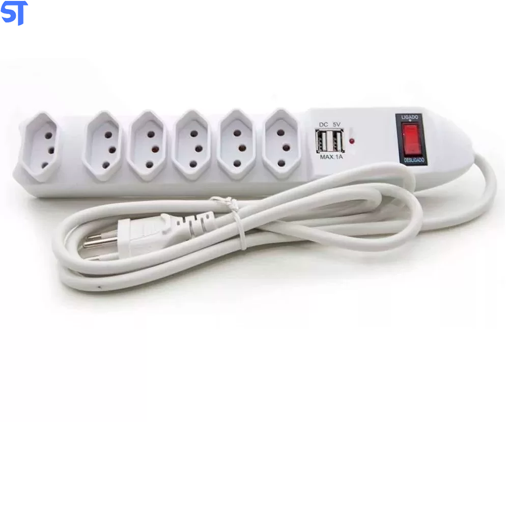 Filtro De Linha Protetor Eletrônico 6 Tomadas 1,5 Metro Fusível 2 Usb Para Celular Knup SL7906