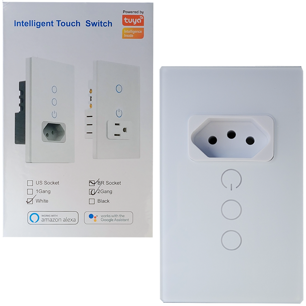 Interruptor Inteligente Para Casa Com Sokcet Padrão Brasileiro 2 Botões Com Amazon Alexa e Google Assistent Tuya - Branc