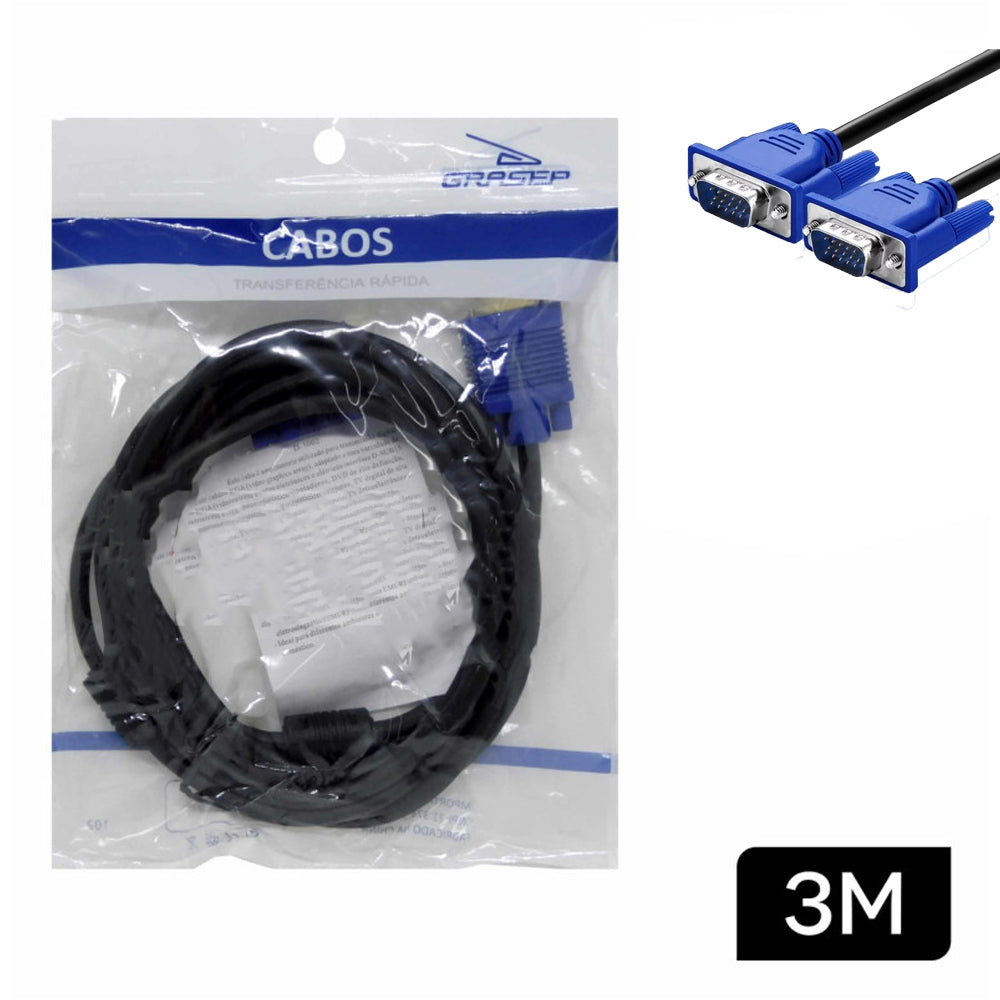 Cabo de Vídeo VGA x VGA com 3 Metros GRASEP - D-5002 3M