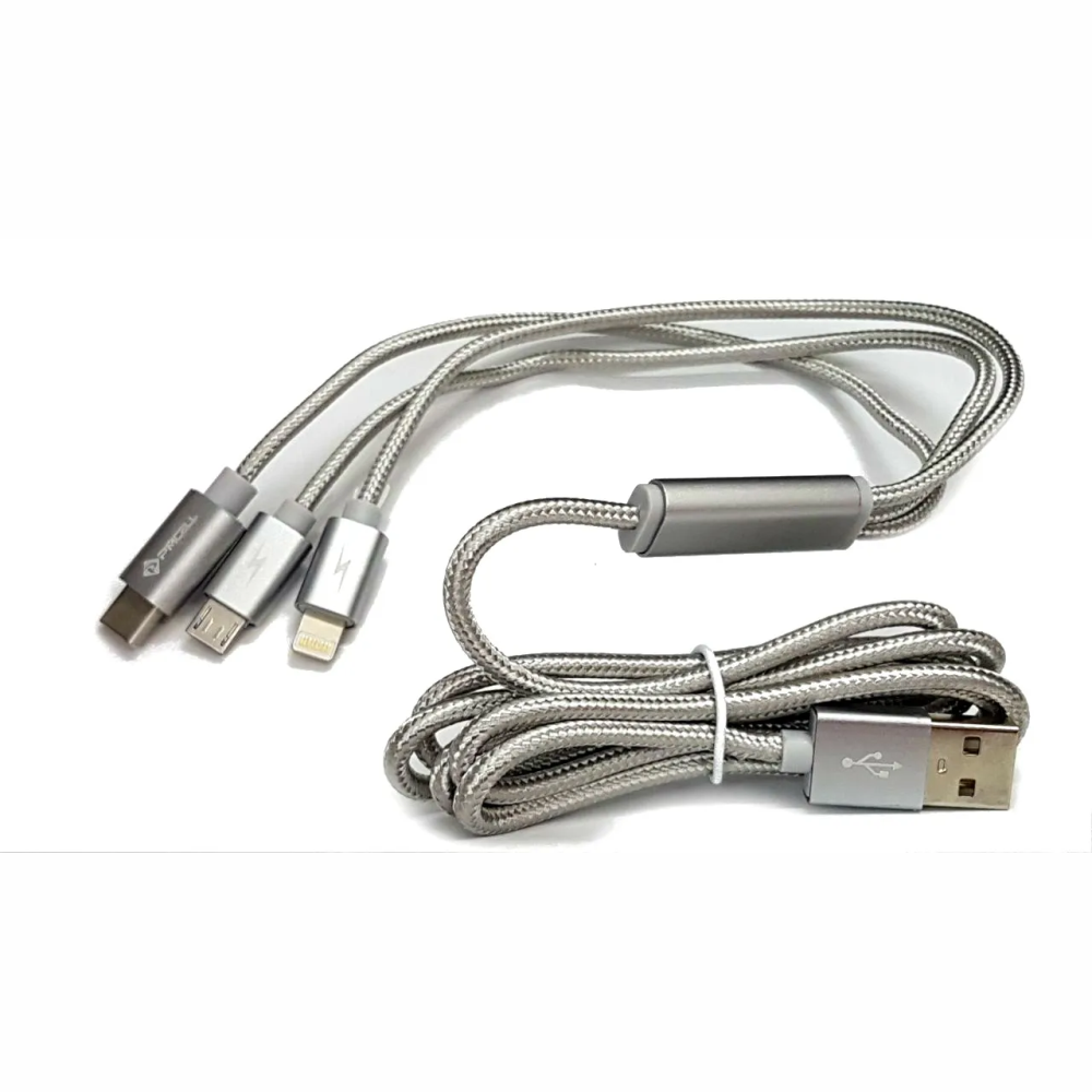 Cabo Usb 3 Em 1 Pmcell Cromo Cb-32 Entrada Micro-Usb, Lightning E Tipo C