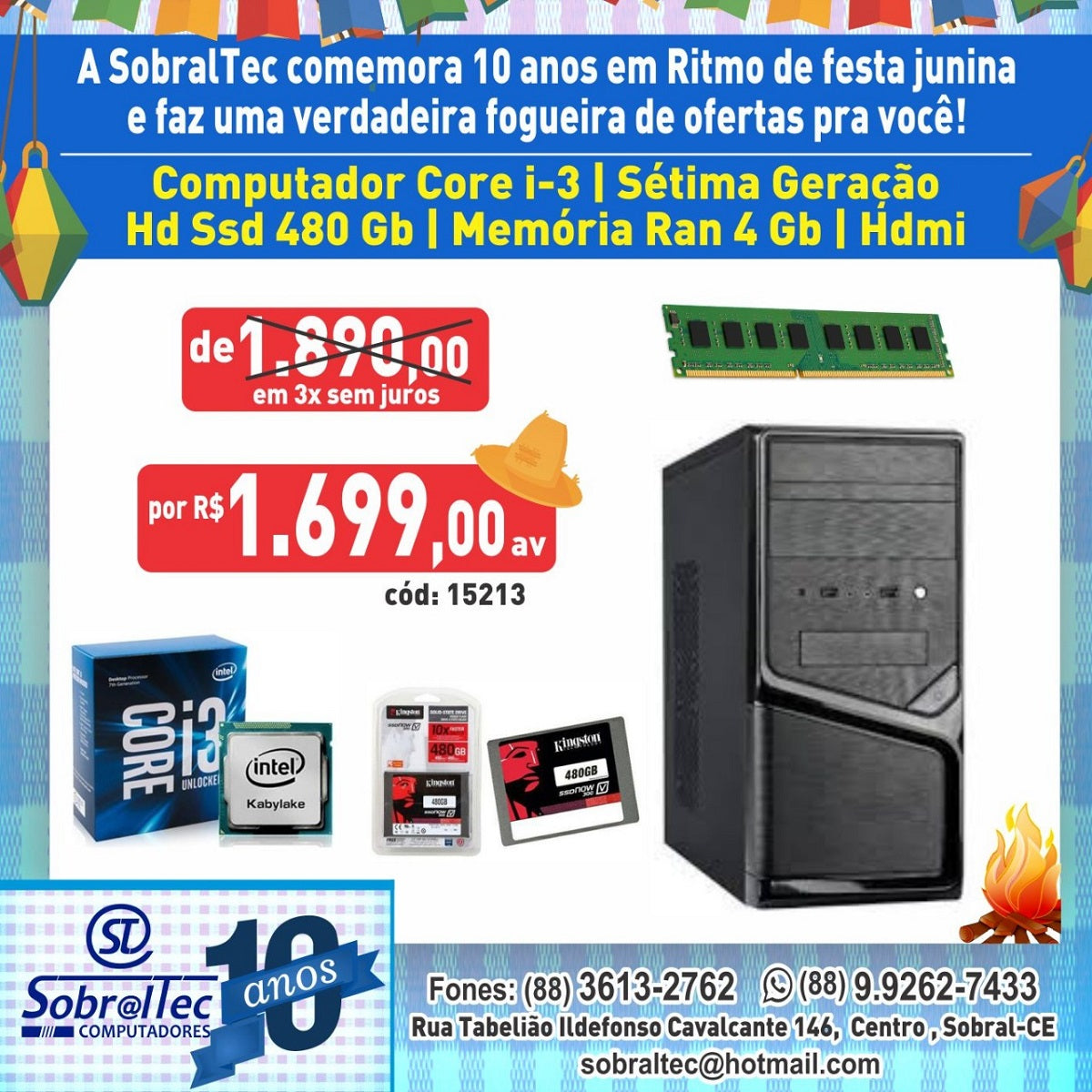 Computador Core i-3 Geração 7| 7100 | Hd Ssd 480 Gb| Memória Ran 8 Gb| Hdmi