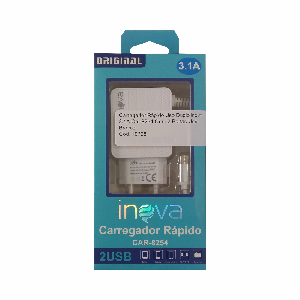Carregador Rápido Usb Duplo Inova 3.1A  Car-8254 Com 2 Portas Usb- Branco