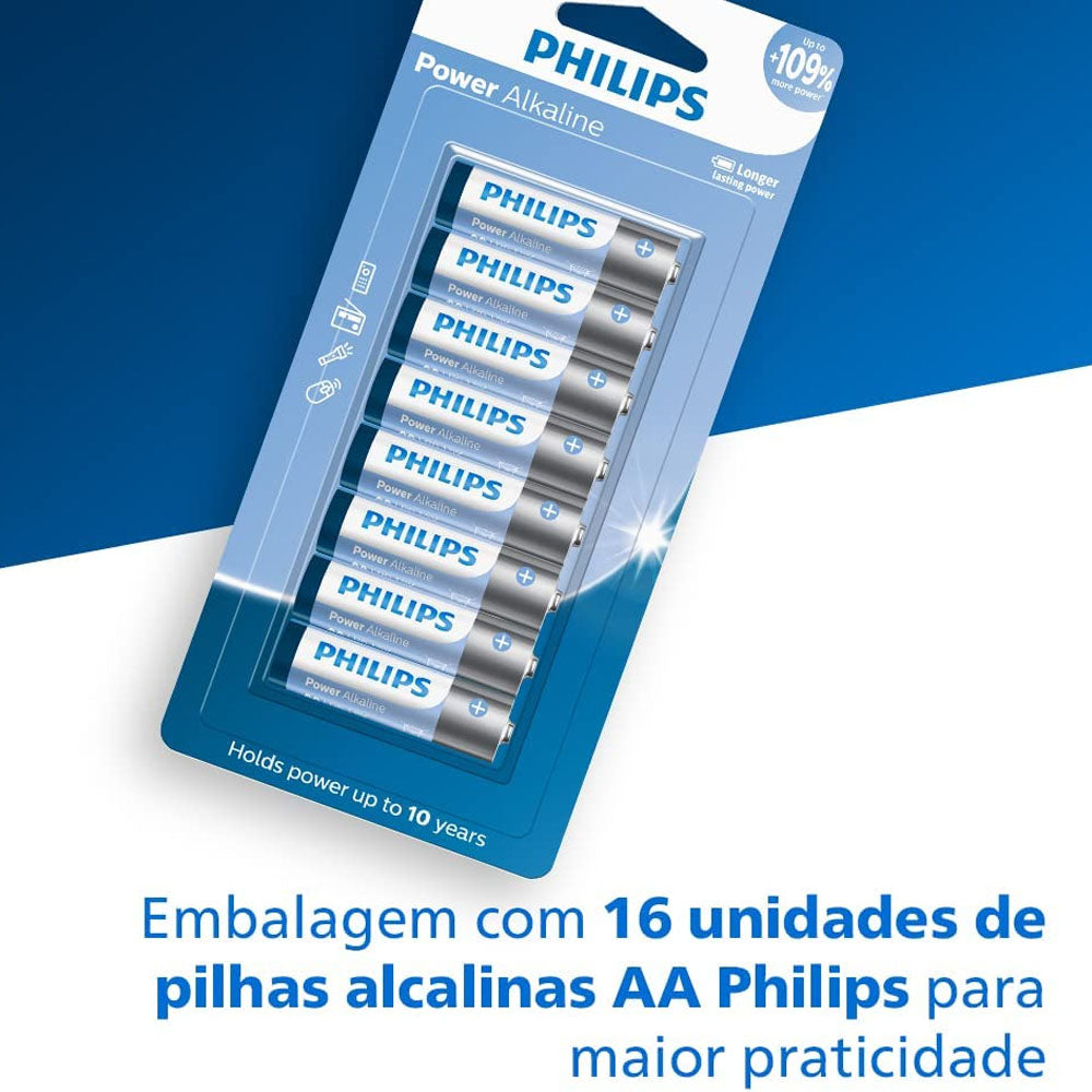 Pilha Alcalina Philips AA LR6P16B/59 Mignon 1,5V Longa Duração Pacote Com 16 Unidades