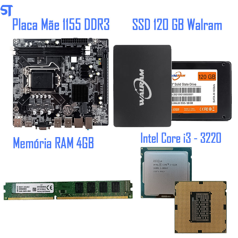 Kit Para Montagem de Computador Core i3-3220 3.30 GHz- HD SSD Walram 120GB - Memória 4GB - Gab MT-27Bk- Brind MousePAD