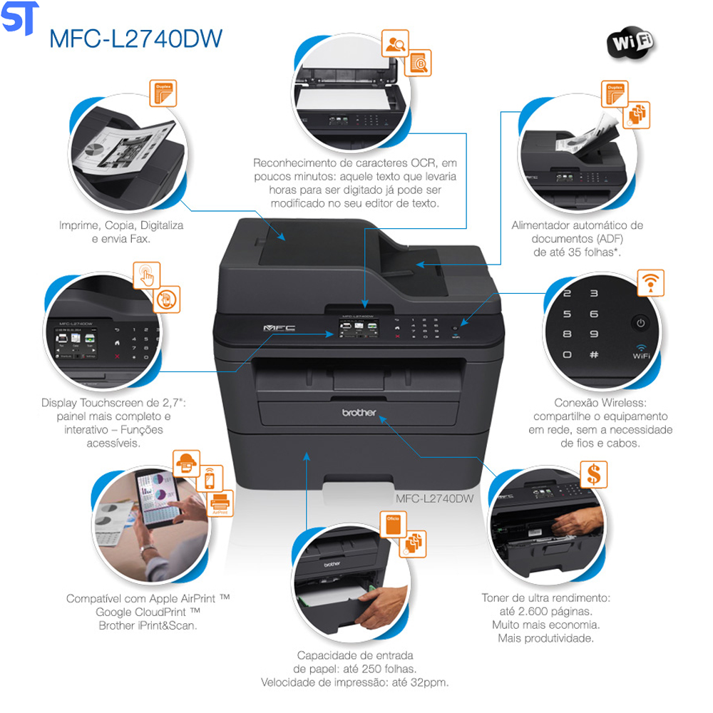 Multifuncional Laser Brother MfcL2740dw Duplex e Wi Fi Display Touchscreen- TN2370/ TN2340