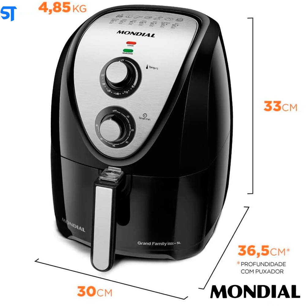 Fritadeira Elétrica sem Óleo/Air Fryer Mondial - Grand Family Inox AFN-50-BI Preto 5L com Timer