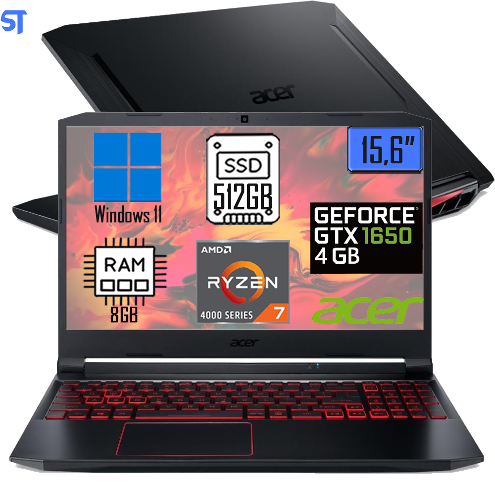 Notebook Gamer Acer Nitro 5 AN515-44-R4KA, AMD R7 4800H, 8GB, 512GB SDD, (GTX 1650 com 4 GB) Windows11. 15,6” LED FHD IP