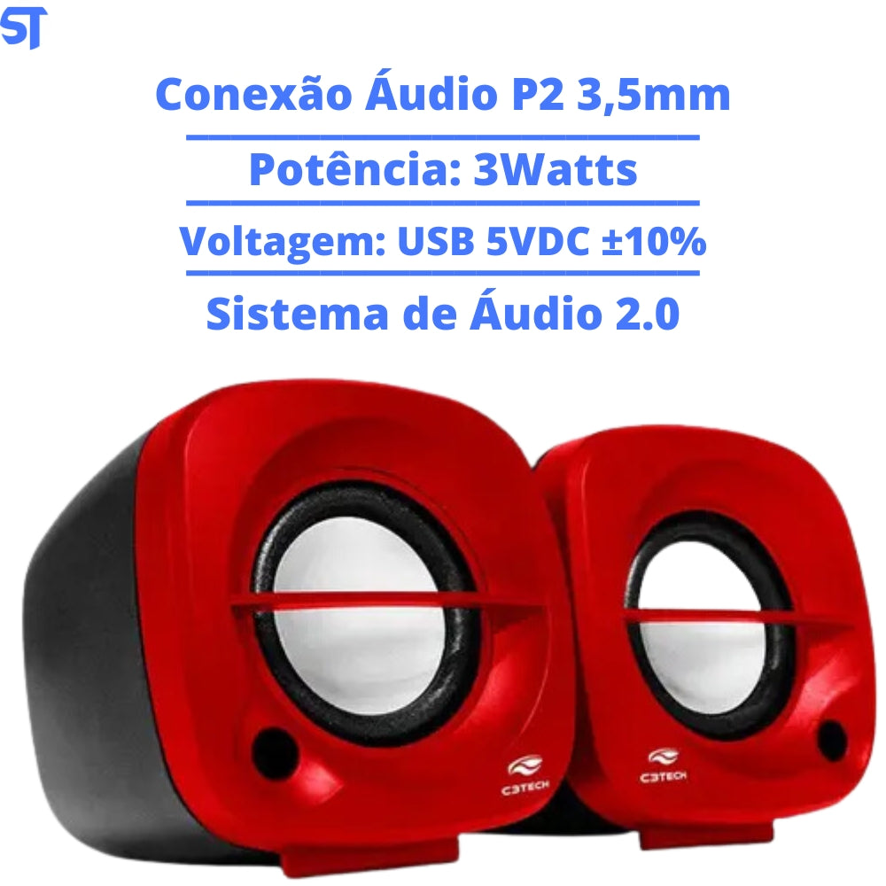 Caixa de Som Speaker 2.0 SP-303RD Preto e Vermelho C3Tech