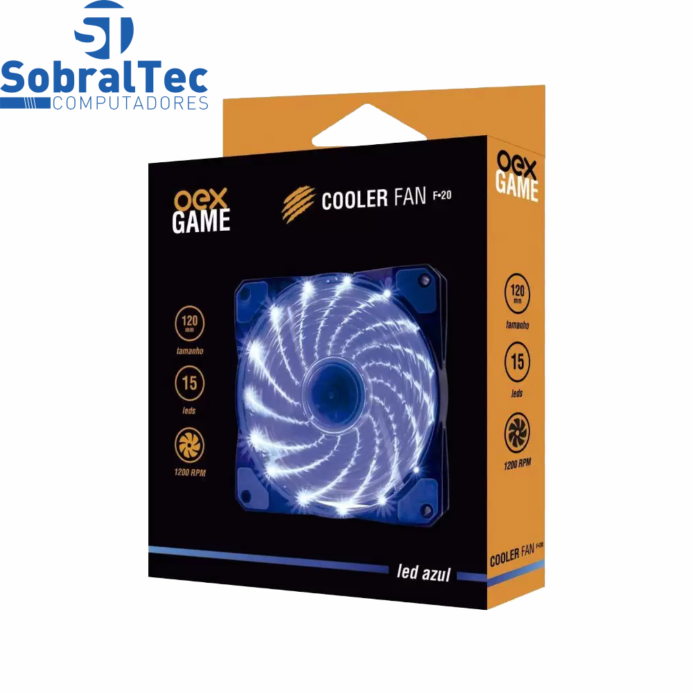 Cooler Fan 12cm Com 16 Leds Azul 12V 0,20A 9 Lâminas 1200Rpm Oex Game F20