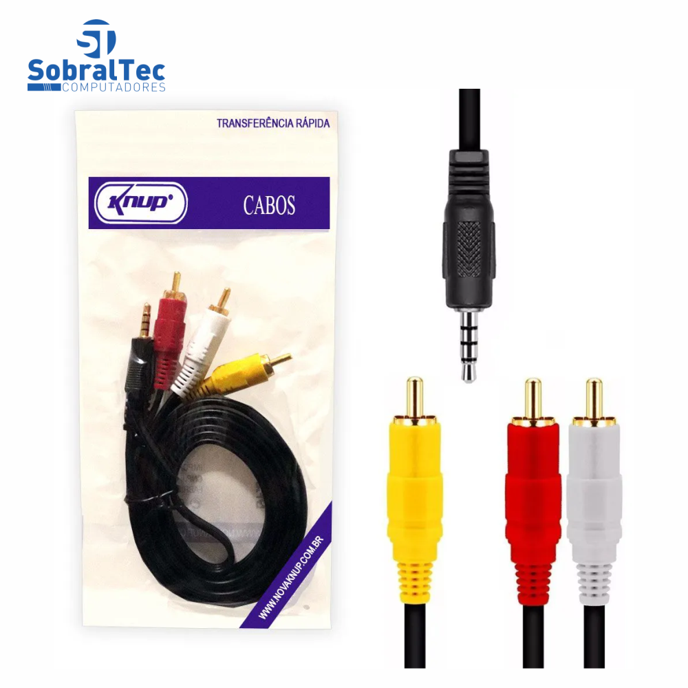 Cabo P2 x 3 RCA AV Áudio e Vídeo KP-PR301 Knup 1,5m Tv Led Lcd Gps Dvd Receptores Áudio Vídeo