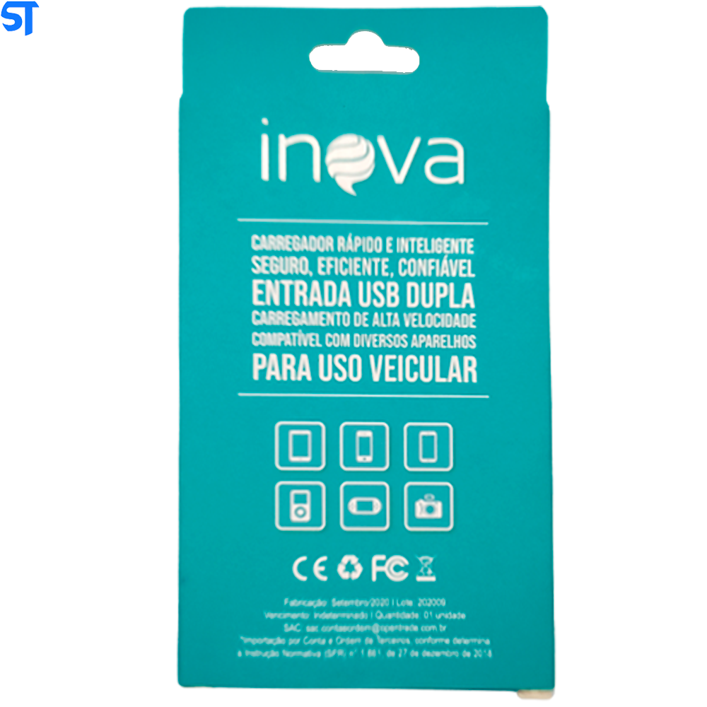 Carregador Veicular Prime Com Duas Usb 2.4A/ 3.4A Inova- Azul